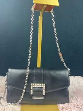 Michael Kors Penelope Medium Leather Clutch Black Crystal Buckle EUC